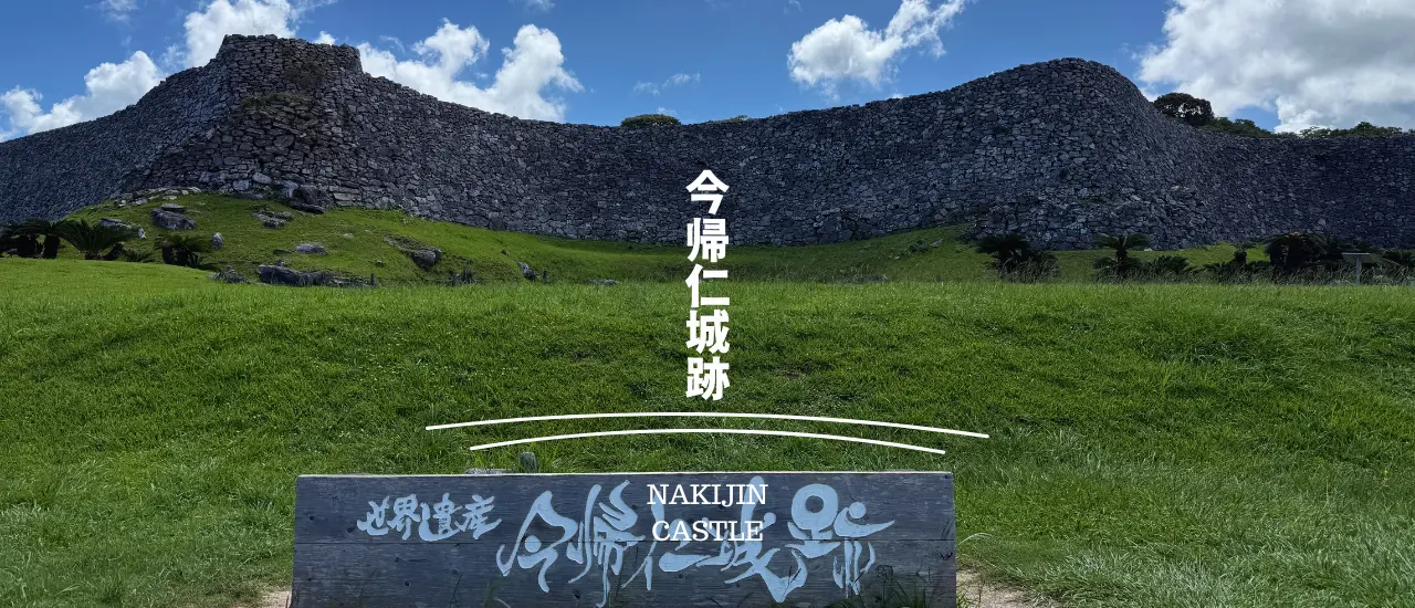 今帰仁城跡の石垣が曲線を描き、その向こうに青い海が広がる絶景