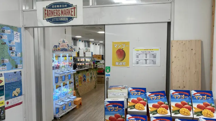 嘉手納道の駅の農産物直売所。地元農家の野菜や果物が並び、新鮮でお得に購入できる。