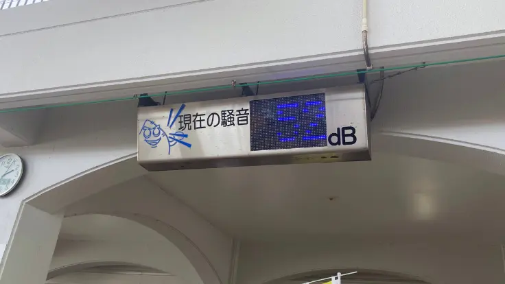 道の駅かでなに設置された騒音レベルメーター。通常は60前後だが、戦闘機の離陸時は一気に100を超える。