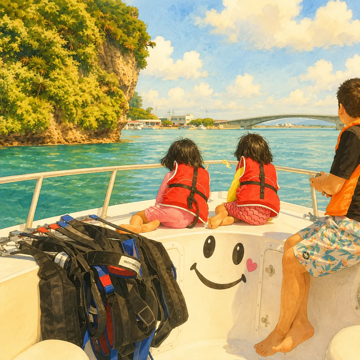 パラセーリングボートの先頭で子供が沖縄の青い海を眺める家族旅行のアクティビティ体験