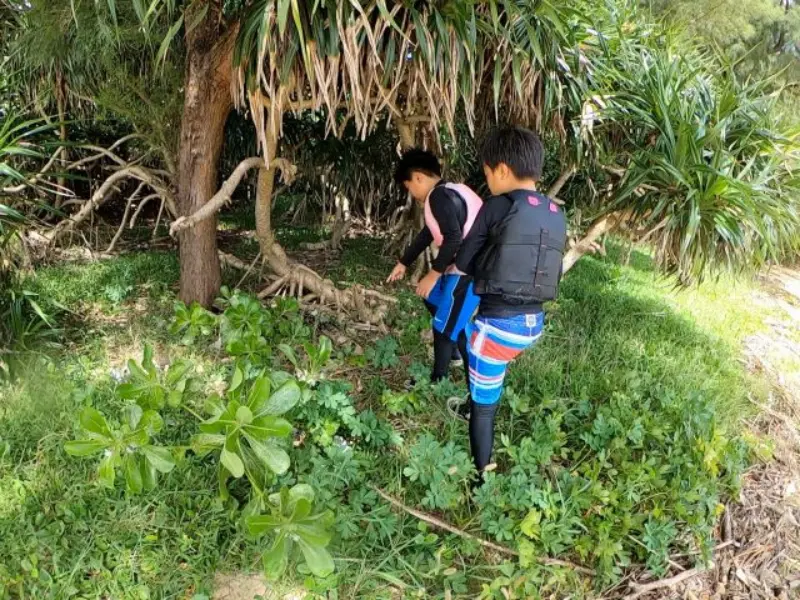 アースシップ沖縄の無人島生き物観察ツアー。潮が引いた海辺でサンゴや貝殻を探す様子。