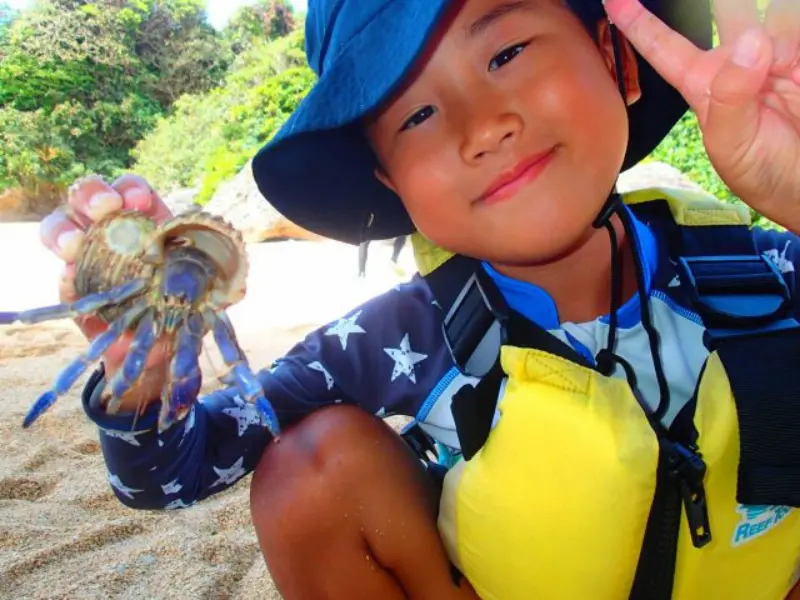 アースシップ沖縄の無人島生き物観察ツアー。親子で浅瀬を歩きながら海の自然を探す様子。