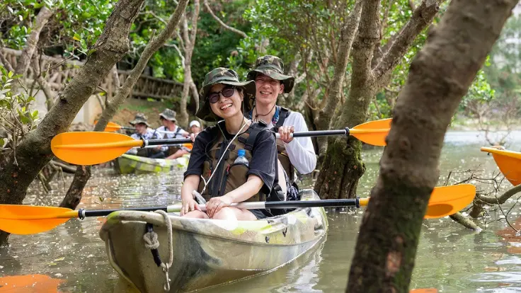 マングローブの間をすりぬけるように進むカヤックツアーの風景
