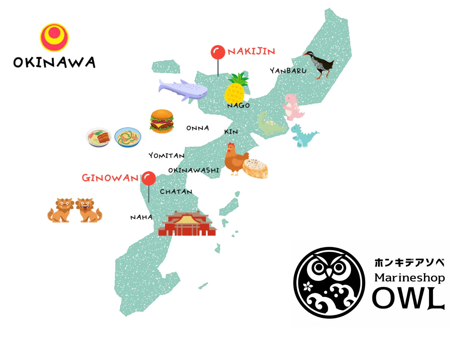 宜野湾マリーナ店と今帰仁店の位置がわかるアウルの開催エリアマップ