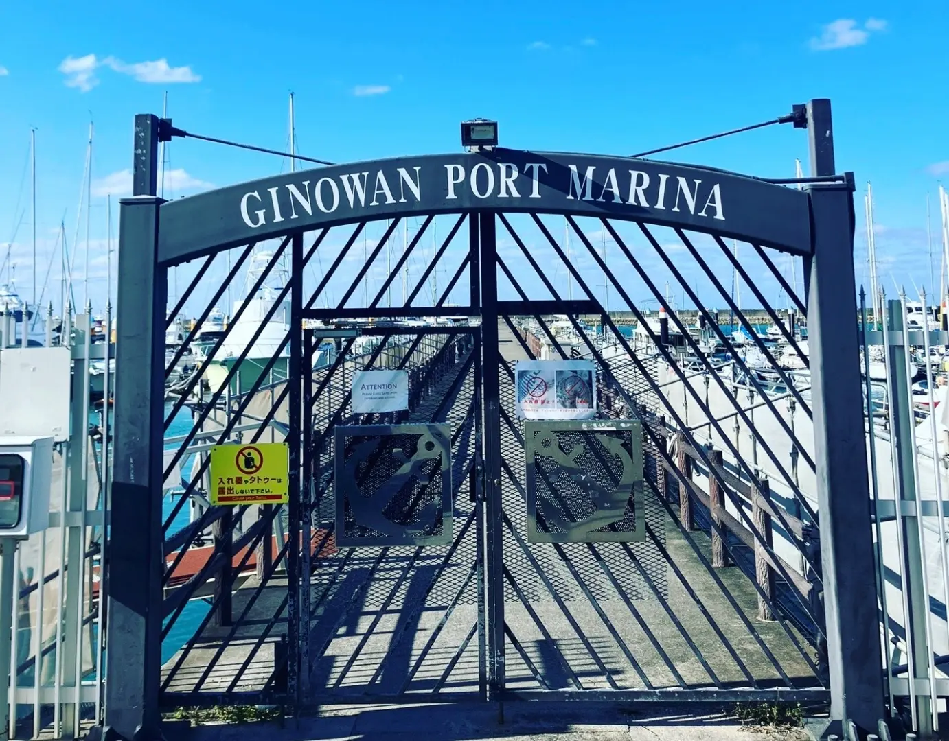 宜野湾マリーナの風景。桟橋と停泊するボートが並ぶ様子