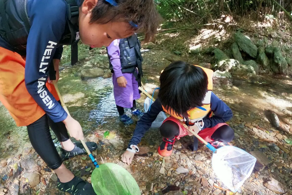 わくわく屋 沖縄のファミリーリバートレッキングイメージ10。やんばるの川辺で家族が自然体験を楽しむ様子。